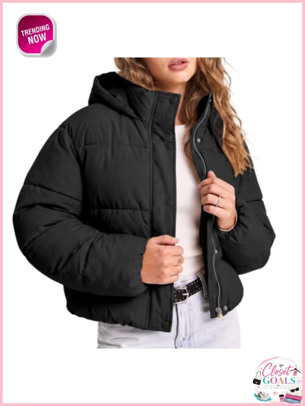 Cropped Quilted Puffer Jacket Hooded Zip Warm Winter Coat